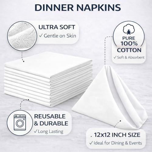 Image of 100% Cotton Dinner Napkins 12x12 Inch - 300 Thread Count Sateen Weave - Reusable, Soft & Durable Table Napkins - White (Set of 6)
