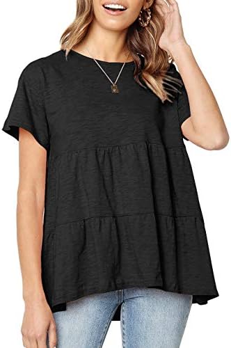 Defal Women's Summer Loose Ruffle Hem Short Sleeve T Shirt High Low Peplum Blouse Tee(Black,L)