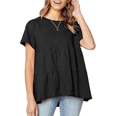 Defal Women's Summer Loose Ruffle Hem Short Sleeve T Shirt High Low Peplum Blouse Tee(Black,L) Cover