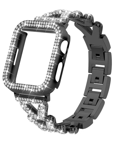 Image of Rhinestones Encrusted Metal Bracelet and Case, Compatible with Apple Watch Bands 38mm-49mm (Series 11 /1 /SE /Ultra 2)- Bling Gold Women's Jewelry Strap, Luxury iWatch Bracelet with Screen Protector