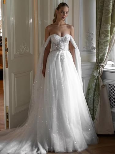 Sparkle Tulle Wedding Dresses for Bride Long Lace Applique Off Shoulder Outdoor Beach Princess Wedding Gowns Dress3