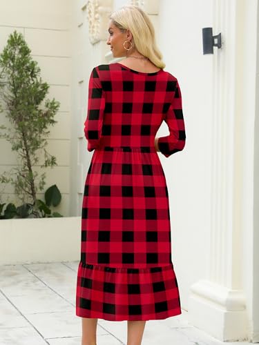 Image of Heymoments Women's Casual 3 /4 Sleeve Midi Dress Crewneck A Line Tiered Flowy Loose Travel Long Dresses with Pockets