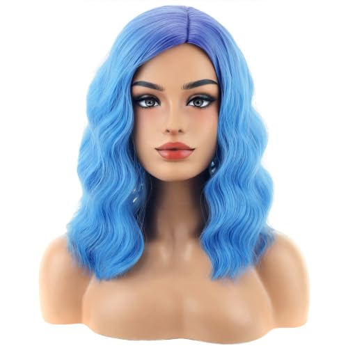 Image of BERON Blue Short Wavy Wig for Women Purple Ombre Blue Shoulder Length Curly Side Part Heat Resistant Synthetic Wigs Halloween Cosplay Costume Party Wig