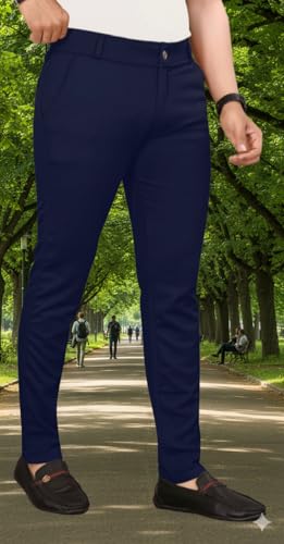 Image of Men's Classic Track Pants, Slim Fit, Lycra Blend Stretchable Business Casual Dress Pants, 4 Pockets, Button and Zipper Closure