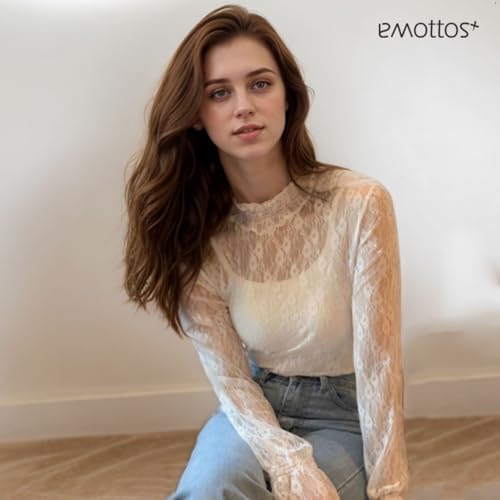 EMOTTOS Tops de Encaje Sexy de para Mujer, Camiseta de Malla con Estampado de Flores Escote Medio Alto, Elegante Festival Camiseta Rejilla Transparente para Señoras, Blanco, XL