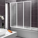 Vkechh Pannello doccia per vasca da bagno 120 x 140 cm, pieghevole in plastica PS infrangibile, parete doccia con telaio in alluminio bianco, vasca da bagno con struttura a goccia come paraspruzzi