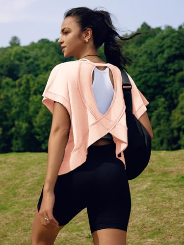 Image of SENSERISE Womens Open Back Workout Tops Backless Short Sleeve Athletic Shirt Running Crop Top Gym Yoga Tee