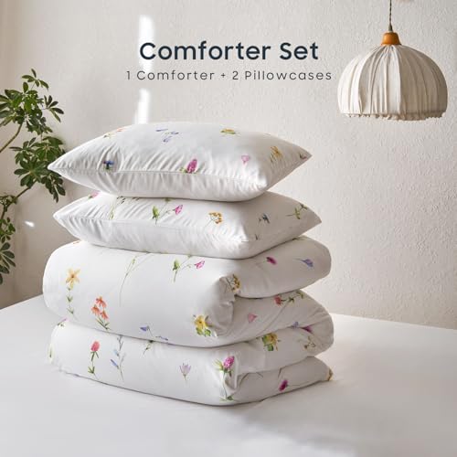 Image of Wake In Cloud - Floral Comforter Set, Cottagecore Cute Aesthetic Watercolor Tiny Flowers and Leaves, Soft Lightweight Bedding for Women Teen Girls, 3 Pieces, White, Queen Size