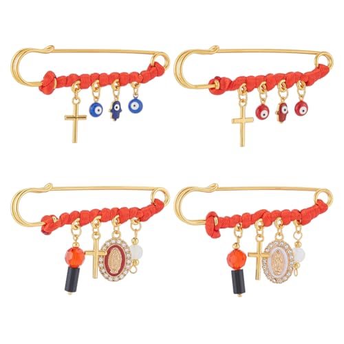 DELORIGIN Lot de 4 épingles à nourrice en métal doré avec pendentif en forme de croix - Protection porte-bonheur - Pendentif avec mauvais œil - Cadeau pour sac à dos - Décoration de vêtements, Acier