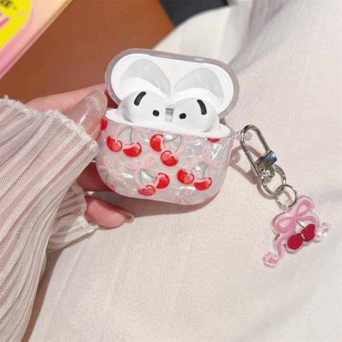 Image of MINSCOSE for Cute Glitter AirPods 4 Case,Shell Pattern Cherry Bow Trendy Design with Keychain,Protective Shockproof Cover for Airpods iPod 4th Generation for Women Girl-Red