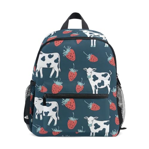 OWFKAY Mochilas infantiles de fresas de vaca para niños y niñas, mochila pequeña para guardería o escuela