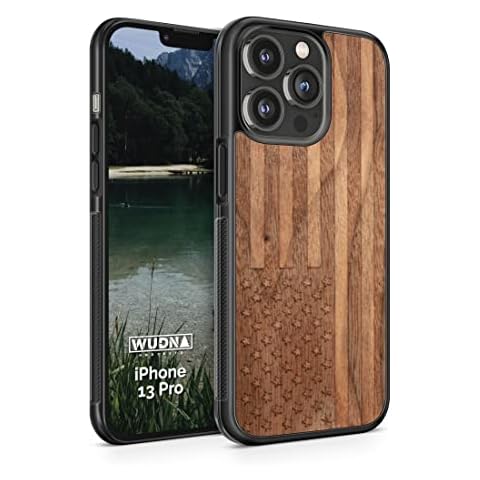 WUDN Wooden Phone Case, Laser Engraved (American Flag in Black Walnut) Compatible with iPhone 13 Pro with MagSafe Cover
