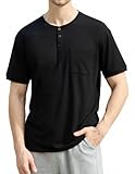 LEADHALO Merino Wool Pocket Henley Shirts for Men for Workout Athletic Gym, Lightweight Mens Soft Moisture Wicking Tshirt Short Sleeve Black L