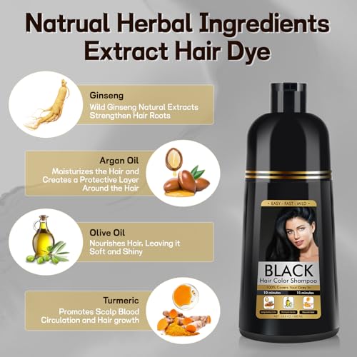 Schwarzes Haarfärbeshampoo für Graues Haar, Sofort Haarfarben Shampoo für Männer und Frauen, Black Hair Dye Shampoo 3 in 1, 500ml
