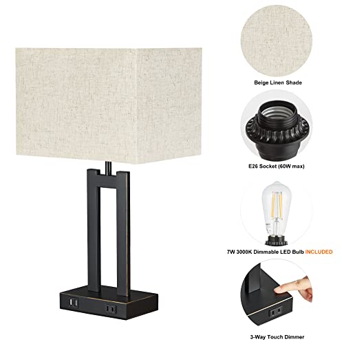 Suraielec Table Lamps Set Of 2, Touch Control Nightstand Lamp With 2 Usb Charging Port & Ac Outlet, 3-Way Dimmable Table Lamp For Bedroom, Living Room, Beige Linen Lampshade, Led Bulb Included #TOP3