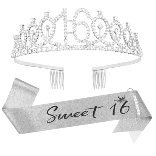 Sweet 16 Party Decorations 16th Birthday Tiara and Sash Silver Sweet 16 Gifts for Girls 16th Birthday Decorations arty Supplies for Girls