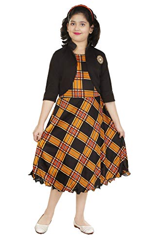 Image of DIGIMART Girls' Knee Length Yellow Checks Frock,Black Jacket Dress
