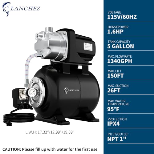 Image of Lanchez 1.6HP Shallow Well Garden Pump, Stainless Steel Irrigation Pump, 1340 GPH, Automatic Water Booster Jet Pump for Home, Garden, Lawn,Irrigation, 115V, Glossy black