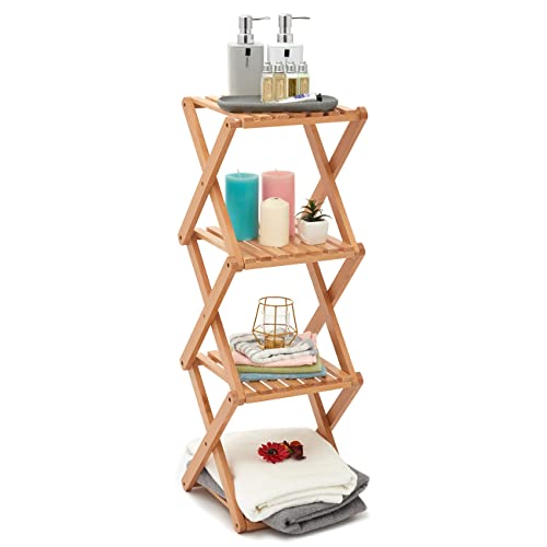 Ezoware Bathroom Storage Shelf, 4-Tier Collapsible Narrow Storage Organizer Rack Accent Tower Display Shelving – Rubberwood #TOP20