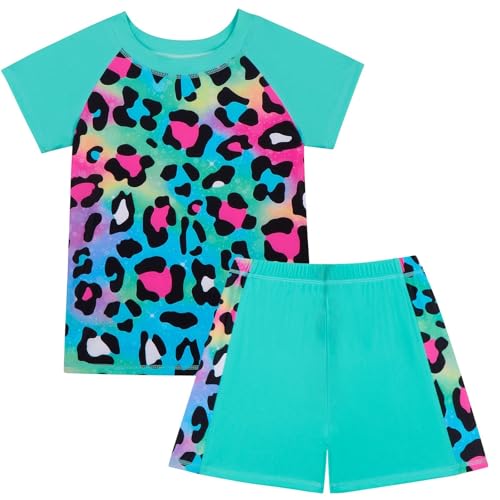 Camiseta UV para niños con estampado de leopardo, traje de baño divertido de dos piezas, manga corta, cuello redondo, parte superior y cintura elástica, traje de baño para niñas y niños