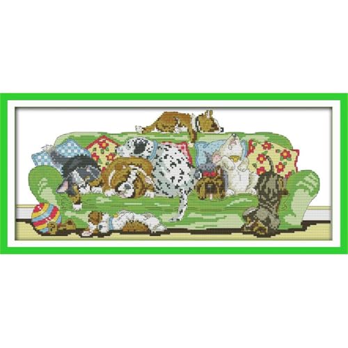 Image of JOYSEWING Cat&Dog Stamped Cross Stitch, Counting Cross Stitch Kit for Adult Beginners, DIY Needlepoint Craft Kits, Home Decor-Pre Printed 11CT Cross Stitch Patterns (Sleeping Dogs 22.44 x10.24 inch)