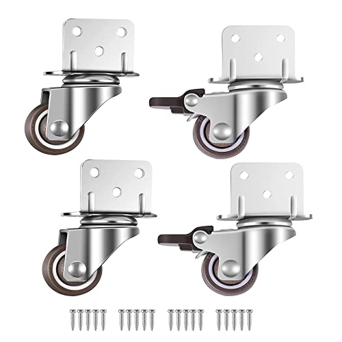 Excefore Swivel Casters, Pack of 4 No Floor Marks Silent Caster for Furniture, L-mounting Plate 25mm, Rubbered Wheels Suitable for Furniture, Flower Stands, Cribs (2 with Brakes & 2 Without Brakes)