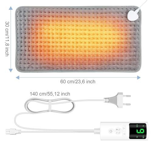 Image of Extra Large Electric Heating Pad for Back Neck Shoulder Pain Relief | 30 x 60 cm Heat Pad with 9 Heat Settings & 4 Auto Off Timers | Soft Washable Fabric for Cramps Menstrual Pain | Gray