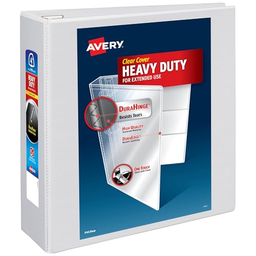 Avery Heavy-Duty View 3 Ring Binder 4 Inch One Touch EZD Rings 780-Sheet Capacity 4.5 Inch Wide Spine Customizable Clear Cover and Spine 1 White Binder (79104)