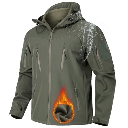 NAVEKULL Men’s Tactical Jacket Waterproof Softshell Fleece Lined Hooded Coats Outdoor Hiking Windbreaker