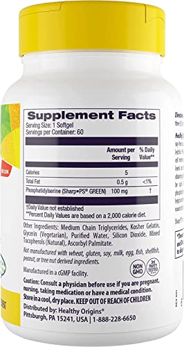 Healthy Origins Sunflower Ps 100 Mg (Phosphatidylserine, Soy-Free, Non-Gmo, Gluten Free, Brain Support, Memory Support), 60 Softgels #TOP1