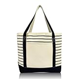 DALIX Medium Stripe Tote Deluxe Shoulder Bag Cotton Canvas in Black