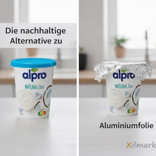 XILMARK JoghurtDeckel 500g, Wiederverwendbarer Deckel Joghurtbecher, Dosendeckel Wiederverwendbar Silikondeckel Joghurt 500 G, Joghurt Kunststoff-Deckel, Joghurt Mehrwegfrischedeckel (MIT TASCHE)