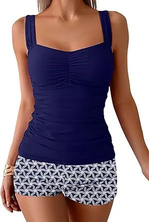 B2prity Women's Tankini Swimsuit Tummy Control Ruched Two Piece Bathing Suit Push Up Modest Swim Suits with Shorts