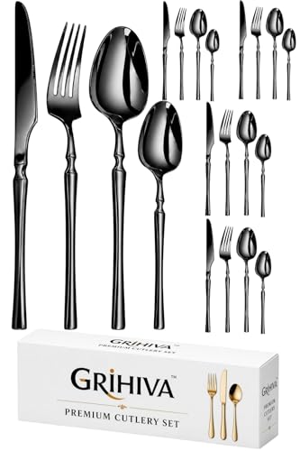 Image of 20 Pcs Black Slim Handle Stainless Steel Cutlery Set for Dining Table with Spoons and Forks Set + Butterknives - The Perfect Tableware /Flatware