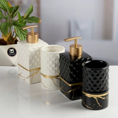Image of Kookee Ceramic Bathroom Accessories Set of 2 | Soap Dispenser & Toothbrush Holder | Modern Bath Organiser | Luxury Home Gift Set (11579)