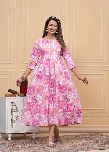 Image of JAIPURFAME Stylish Women's Pure Cotton All Over Printed Kurti Gown, Maternity Dress, and Feeding Dress - Comfortable and Elegant Maternity Wear for Women Baby Pink