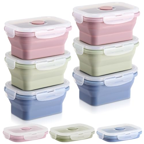 Mifoci 6 recipientes de silicona plegables para alimentos, con tapas herméticas, apilables, para almacenamiento de alimentos sobrantes, fiambrera plegable para congelador, microondas, lavavajillas