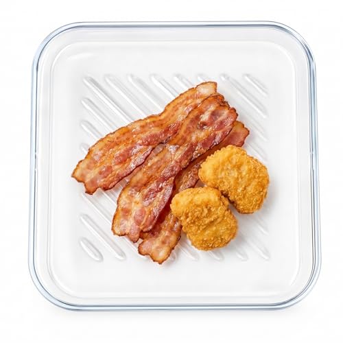 Microwave Bacon Cooker Pan,Crisper Bacon Grill Square Glass Tray for Microwave and Oven 9.84inch, Cook Crispy Strips in Minutes for Fat Drain Defrosting Meals, No Mess, Easy to Clean