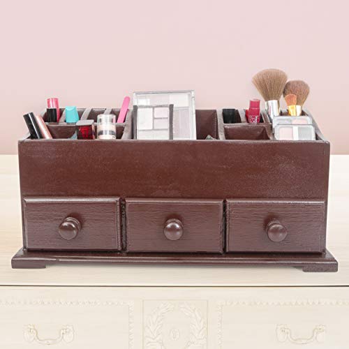 Vanity Drawer Beauty Organizer 3 Drawers - Wooden Cosmetic Storage Box for Neat & Organize Storing of Makeup Tools, Small Accessories at Home & Office Vanities & Bathroom Counter-top (Dark Brown) - Thumbnail 5