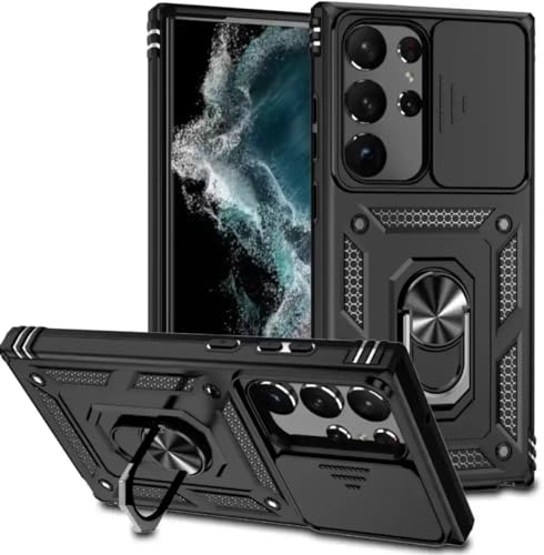 Image of Scalebee Rugged Back Cover for Samsung Galaxy S24 Ultra 5G Heavy Duty Armor Slide Camera Cover Built-in Rotated Ring Kickstand (Black)