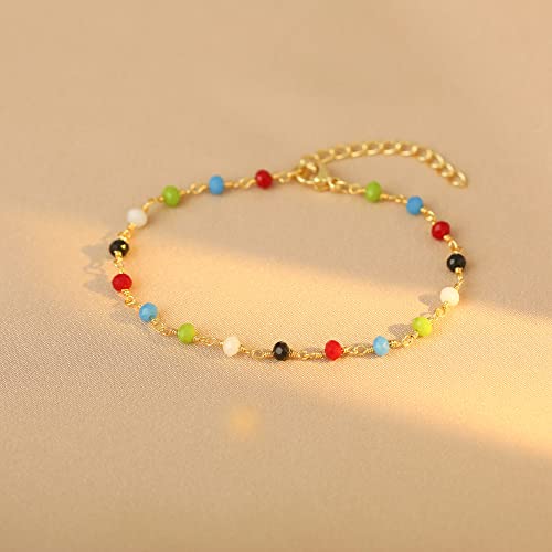 Image of Womens Dainty Gold Chain Bracelet,Simple Layered Chain Bracelets,Beaded Turquoise Bracelet,Charm Crystal Bar,Heart,Karma,Triangle,Pearl Bracelets for Women