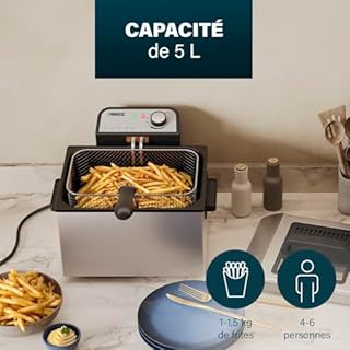 Princess Friteuse, capacité 5 L, 3270 W, technologie de zone froide, hublot, acier inoxydable, double thermostat, facile à nettoyer, éléments amovibles, 01.184090.01.001, Argent