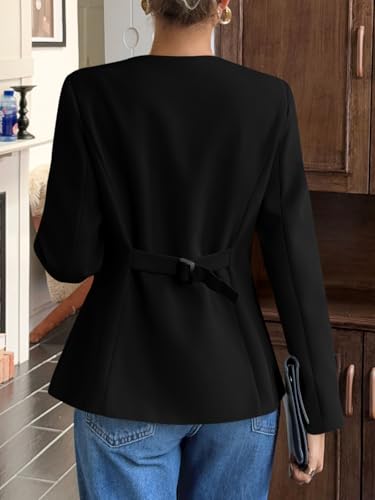 Cicy Bell Womens Business Casual Fitted Blazers Collarless Split Hem Work Office Button Down Suit Jackets Black