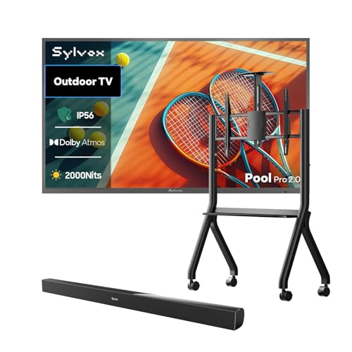 SYLVOX Full Sun Outdoor TV Bundle, 2000-Nit 4K UHD Smart Google TV with Waterproof Soundbar & Mobile TV Stand, IP56 Weatherproof Outside Television for Patio, Backyard, Poolside & Outdoor Entertainmen