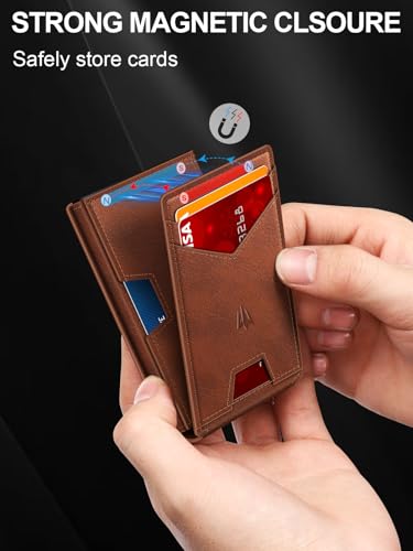 Image of Wallet for Men, Slim Minimalist Wallet with Money Clip&ID Window, RFID Blocking Pop-Up Credit Card Holder, Smart Auminum Mens Wallet Holds 9-13 Cards (Gift Box) (Red Brown)