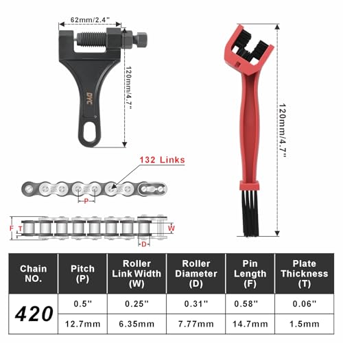 Image of DYC 420 Chain 132 Links Cut-to-Fit w /Master Link + Chain Breaker Tool & Chain Brush for Mini Bike, Pit Bike, Dirt Bike, ATV & Go Kart (Coleman, Baja, SSR, TaoTao, Coolster, Apollo, Kazuma)