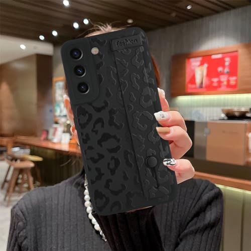 Image of Compatible with Samsung Galaxy S22 Case with Strap Wrist Black | Cheetah Print Shockproof Soft TPU Protective Cover for Women Girls, Slim Anti Scratch Case 6.1 Inch, Black