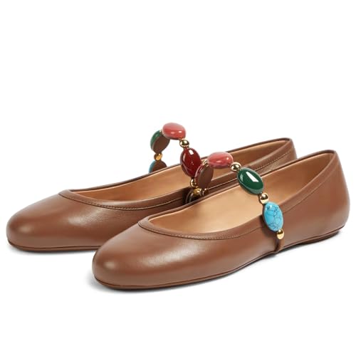 Mary Jane Shoes for Women Leather Ballet Flats with Gemstones Strap Round Closed Toe Ballerina Casual Comfy Slip on