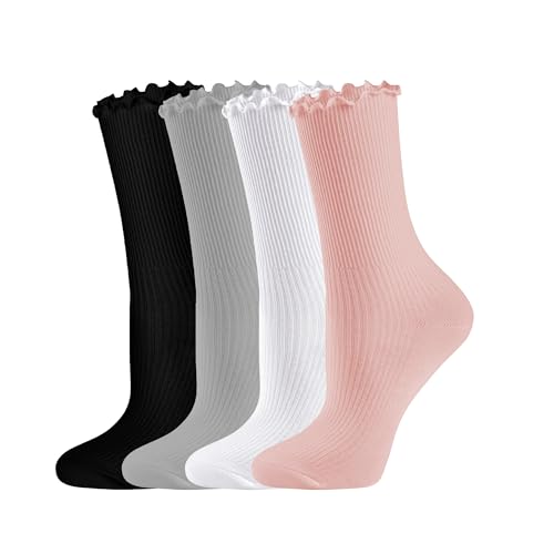 Image of UTTPLL Womens Cotton Crew Socks Ruffle Turn-Cuff Fashion Princess Lettuce Ankle Socks Athletic Thin Gift Dress Socks