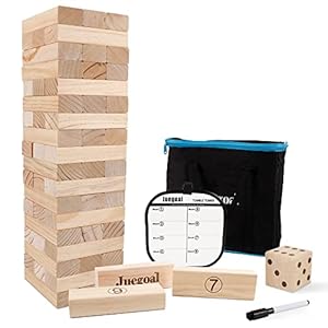 Juegoal 54 Pieces Giant Tumble Tower Blocks Game Giant Wood Stacking Game with 1 Dice Set Canvas Bag for Adult, Kids…